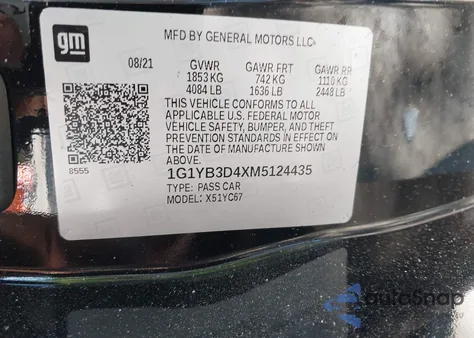 2021 Chevrolet Corvette Stingray Rwd 2Lt из США, поврежденный, VIN 1G1YB3D4XM5124435